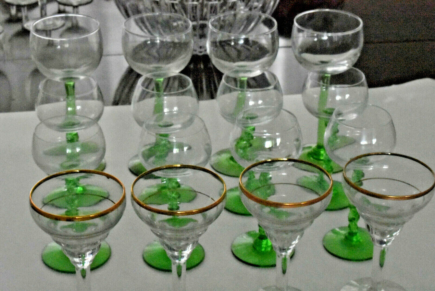Queen Elizabeth 2 Ocean Cruise Ship 6 Matching Wine Glasses Green Stems- 1967