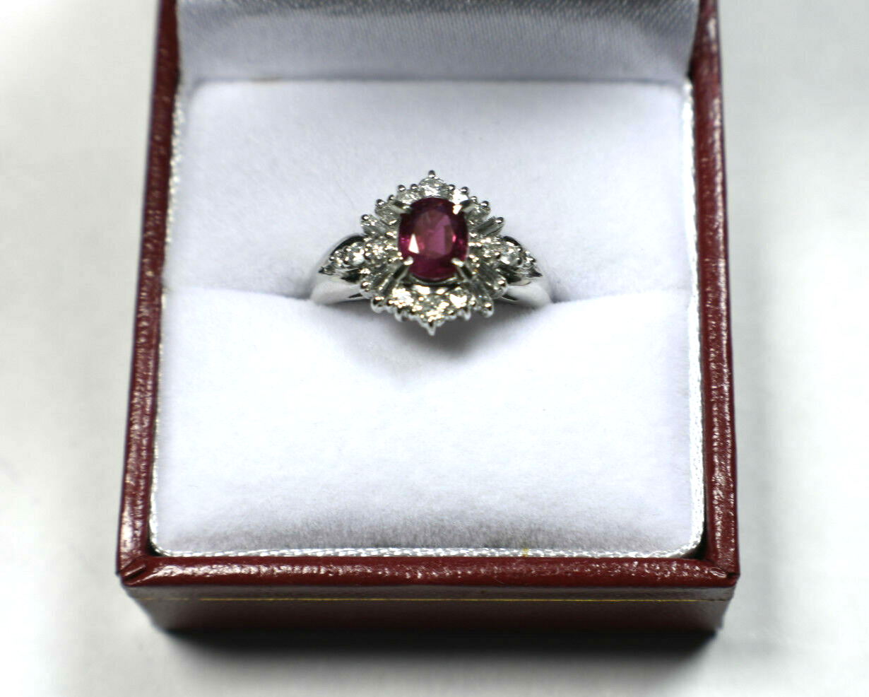 Platinum Pure Red Ruby & Baguette & Round Diamonds Halo Ring 1.40cts Sizable 5.5