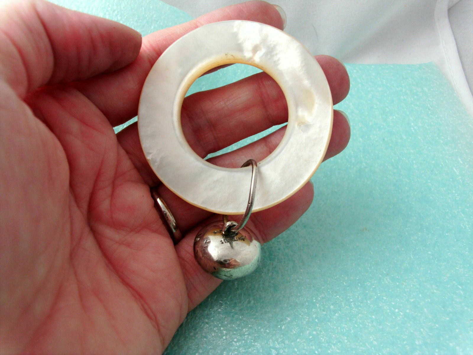 Tiffany & Co Mother of Pearl Sterling Silver Teething Ring Rattle Rare, Pouch