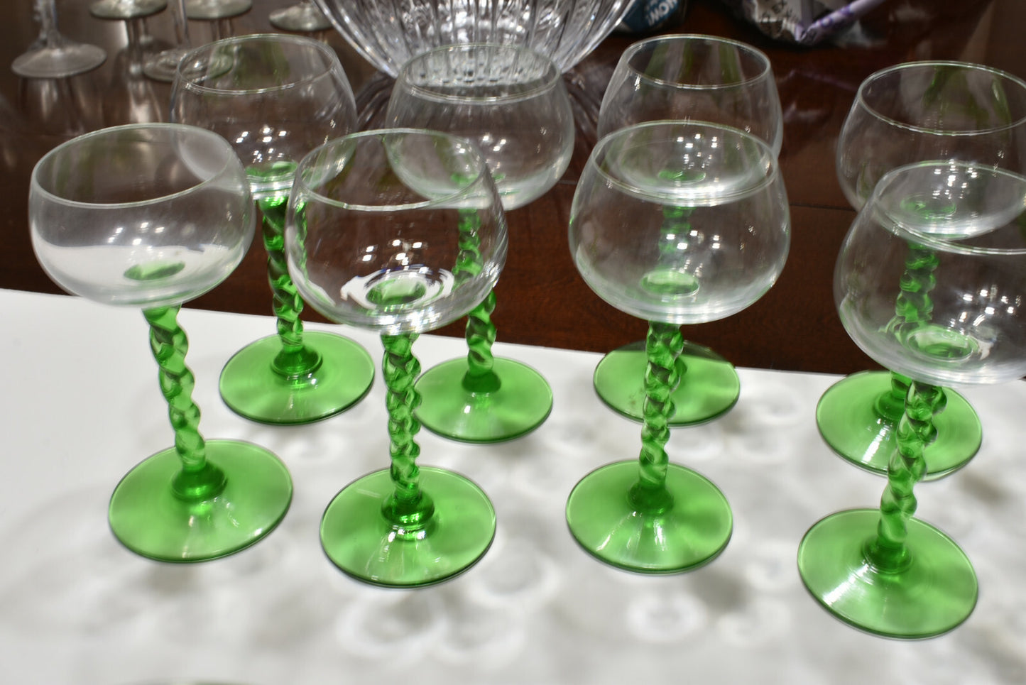 Queen Elizabeth 2 Ocean Cruise Ship 6 Matching Wine Glasses Green Stems- 1967