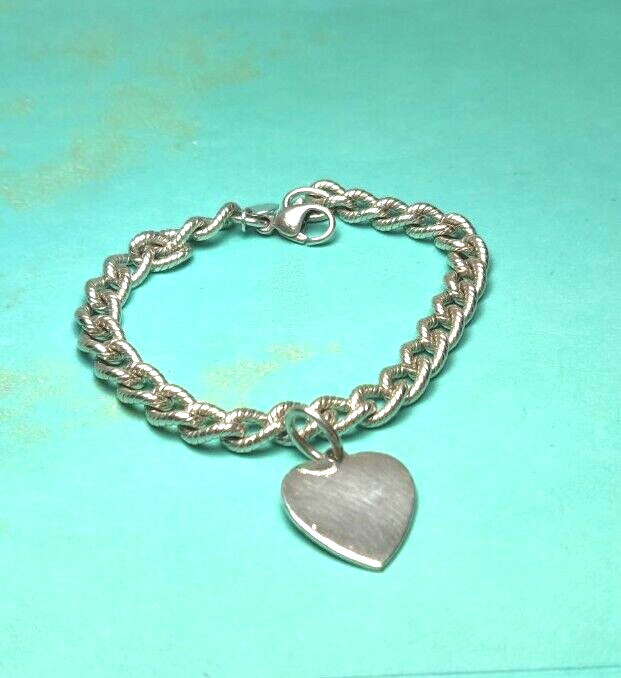 Tiffany & Co Textured Oval Link Heart Charm Bracelet Sterling Silver- Vintage