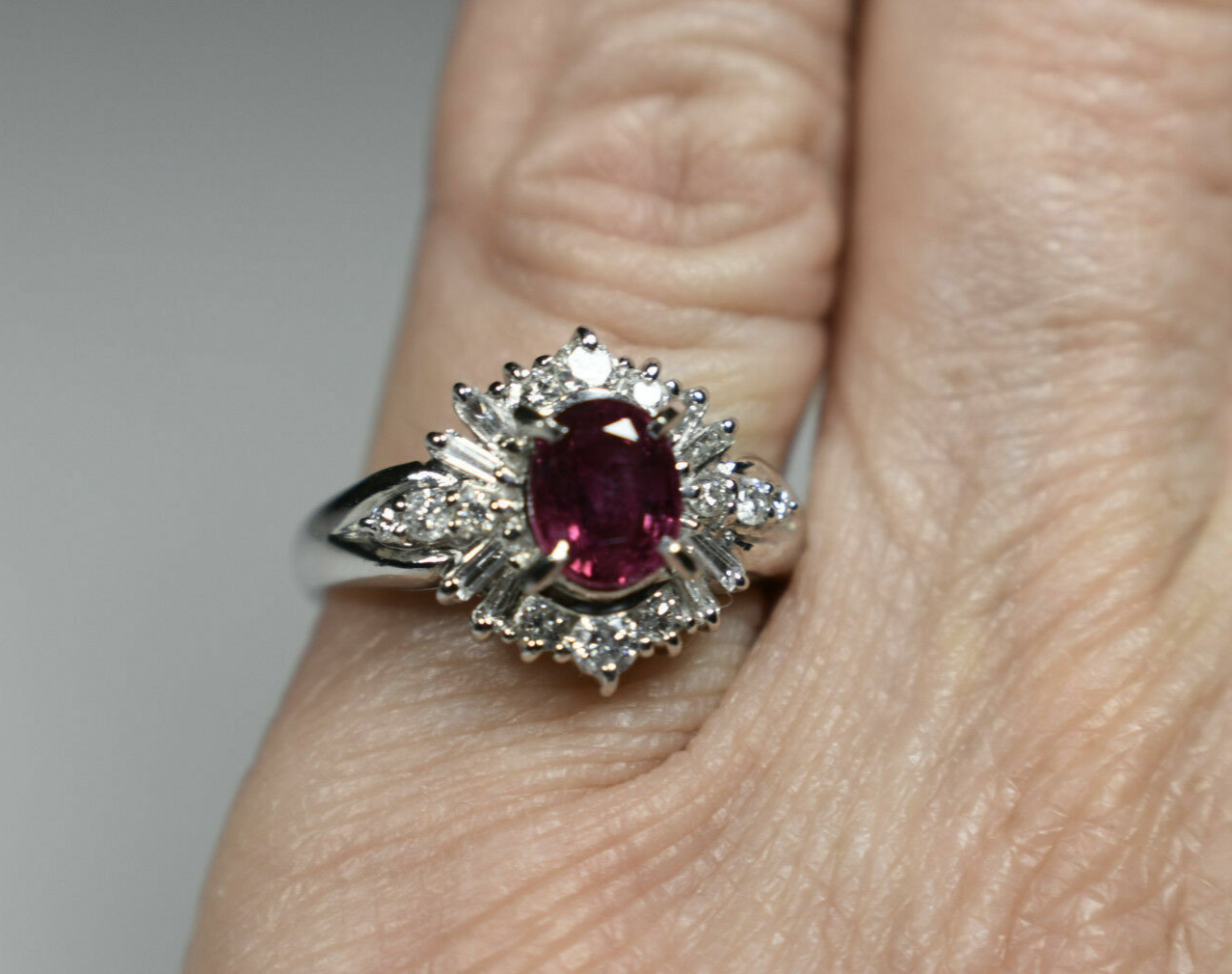 Platinum Pure Red Ruby & Baguette & Round Diamonds Halo Ring 1.40cts Sizable 5.5