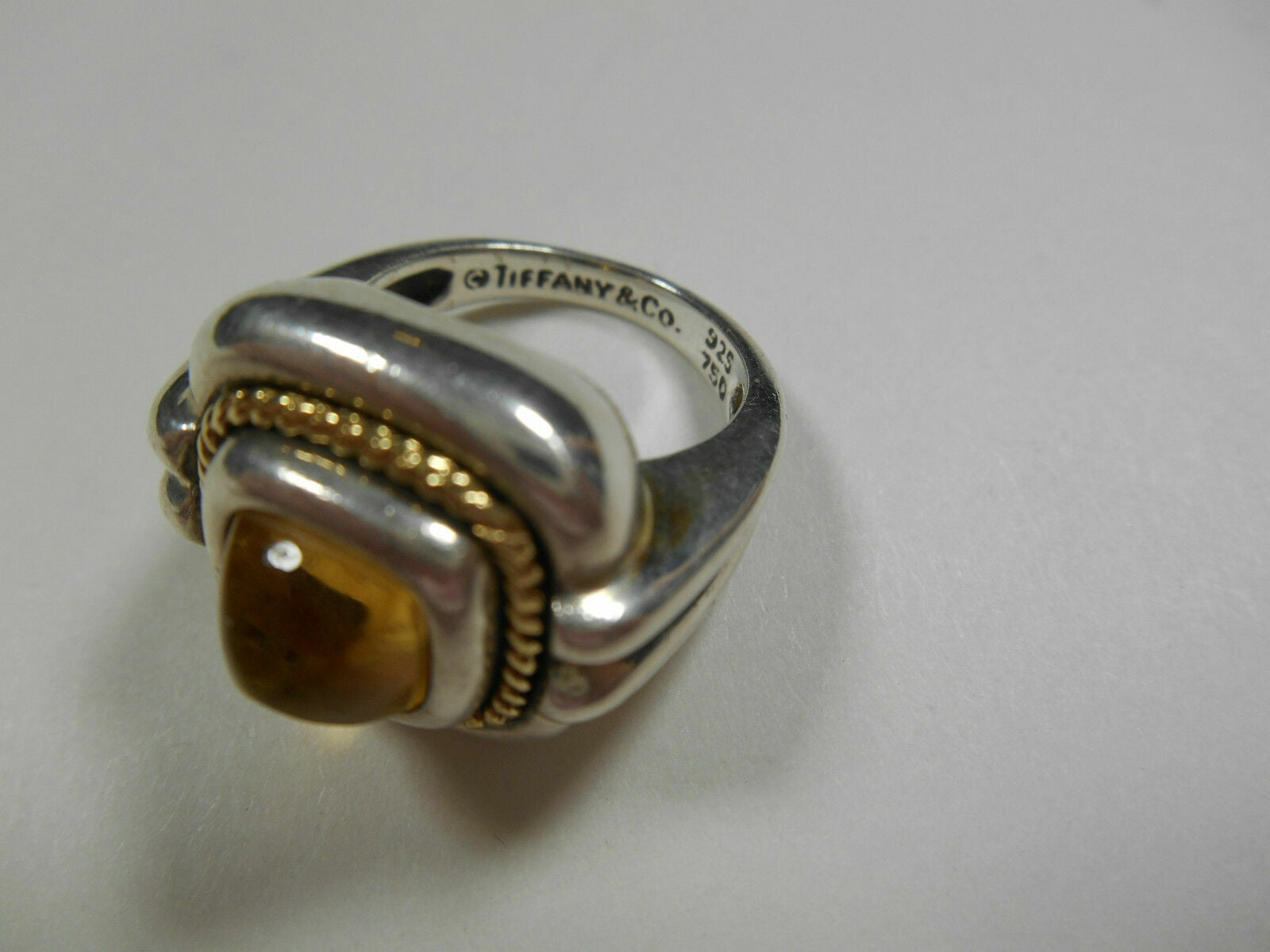 Tiffany &Co Sugarloaf Citrine Ring 18K 750 Yellow Gold & Sterling Silver Sz 3.75