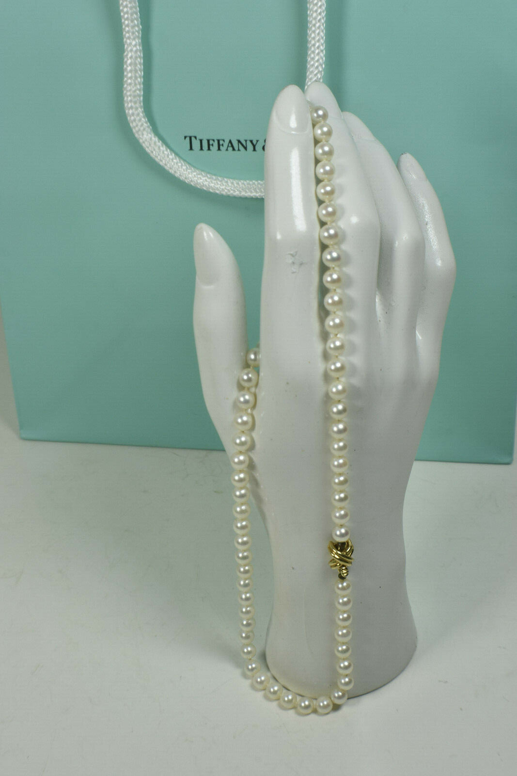 Tiffany & Co Akoya Pearl 18" Necklace 18K Yellow Gold Signature X & Gift Case