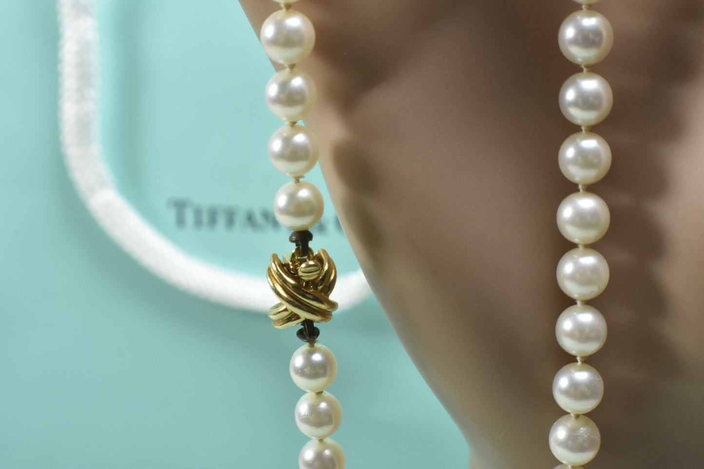 Tiffany & Co Akoya Pearl 18" Necklace 18K Yellow Gold Signature X & Gift Case