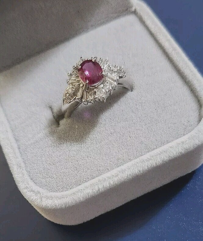 Platinum Ruby Cocktail Engagement Ring 1.30ct G-H Diamond Baguettes Sizable 5.5