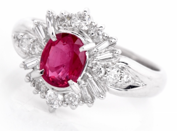 Platinum Ruby Cocktail Engagement Ring 1.30ct G-H Diamond Baguettes Sizable 5.5