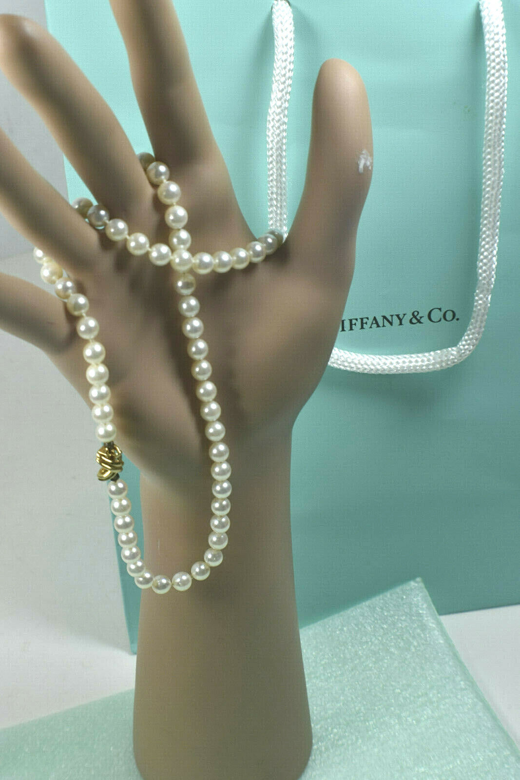 Tiffany & Co Akoya Pearl 18" Necklace 18K Yellow Gold Signature X & Gift Case