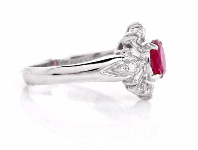 Platinum Pure Red Ruby & Baguette & Round Diamonds Halo Ring 1.40cts Sizable 5.5