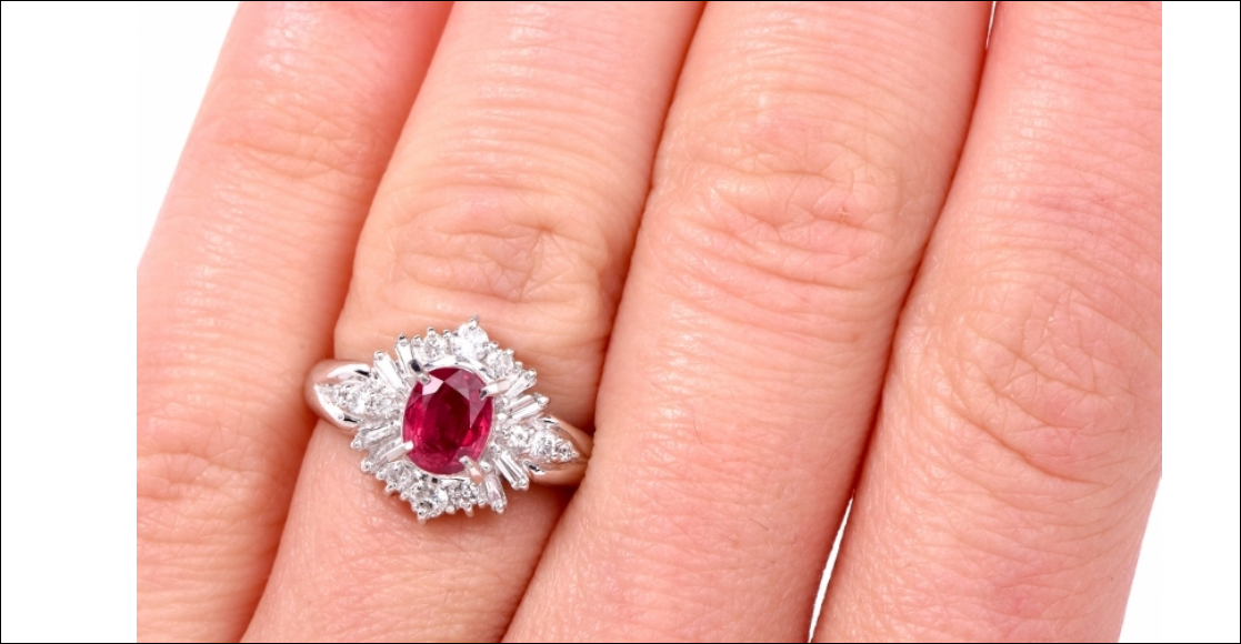 Platinum Pure Red Ruby & Baguette & Round Diamonds Halo Ring 1.40cts Sizable 5.5