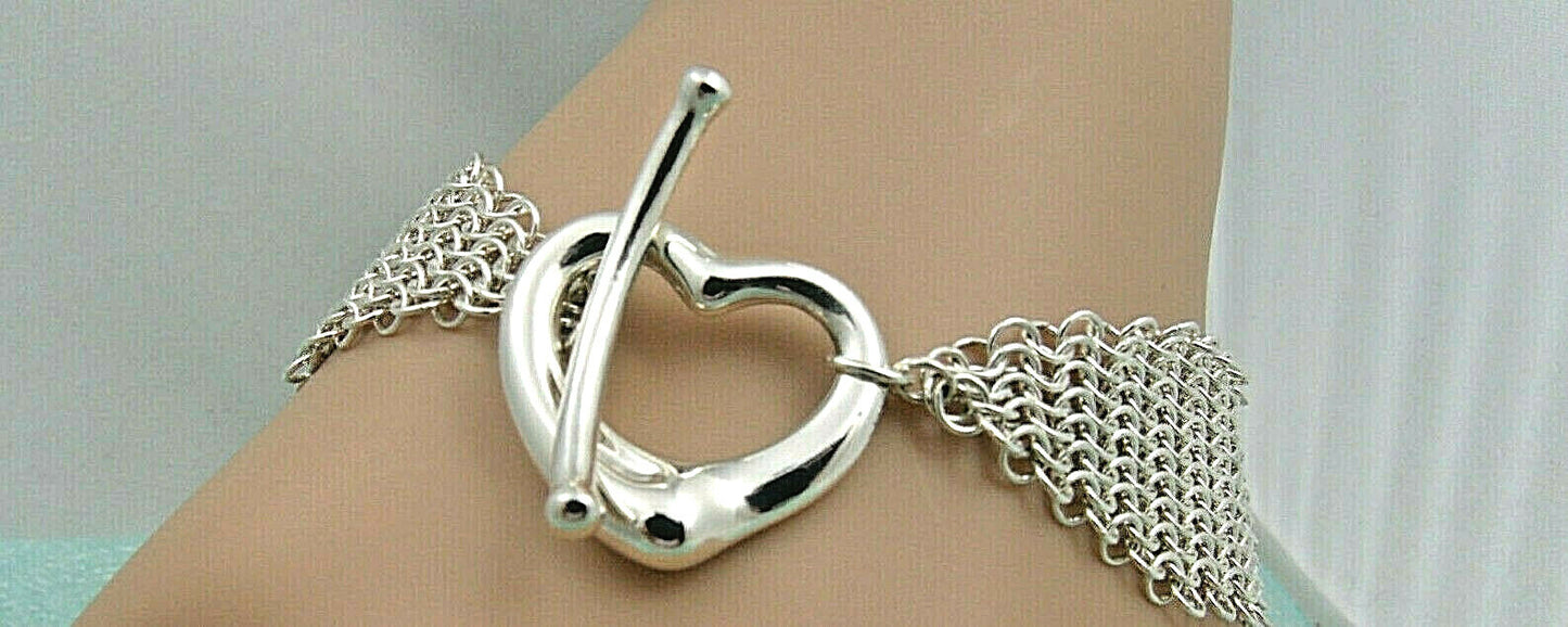 Tiffany & Co Silver Elsa Peretti Open Heart Mesh Toggle Bracelet Pouch & Box