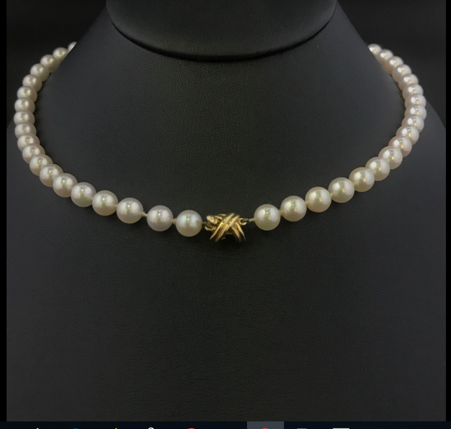 Tiffany & Co Akoya Pearl 18" Necklace 18K Yellow Gold Signature X & Gift Case