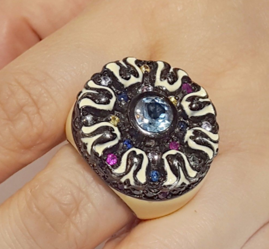 MCL Matthew Campbell Laurenza Multi Color Sapphire Enamel Flower Ring Sz 5.5