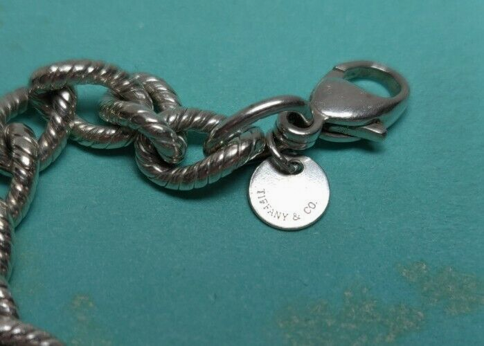 Tiffany & Co Textured Oval Link Heart Charm Bracelet Sterling Silver- Vintage