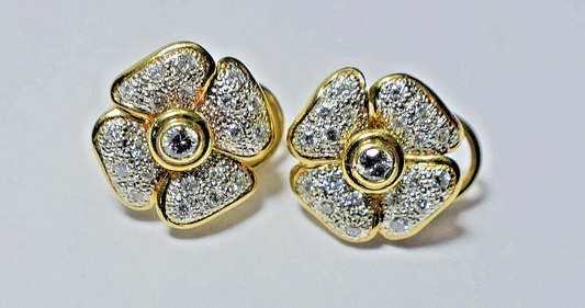 1ct Diamond 14K 2-Tone Gold 4 Leaf Clover Designer Flower Earrings 9 Gram FG VS1