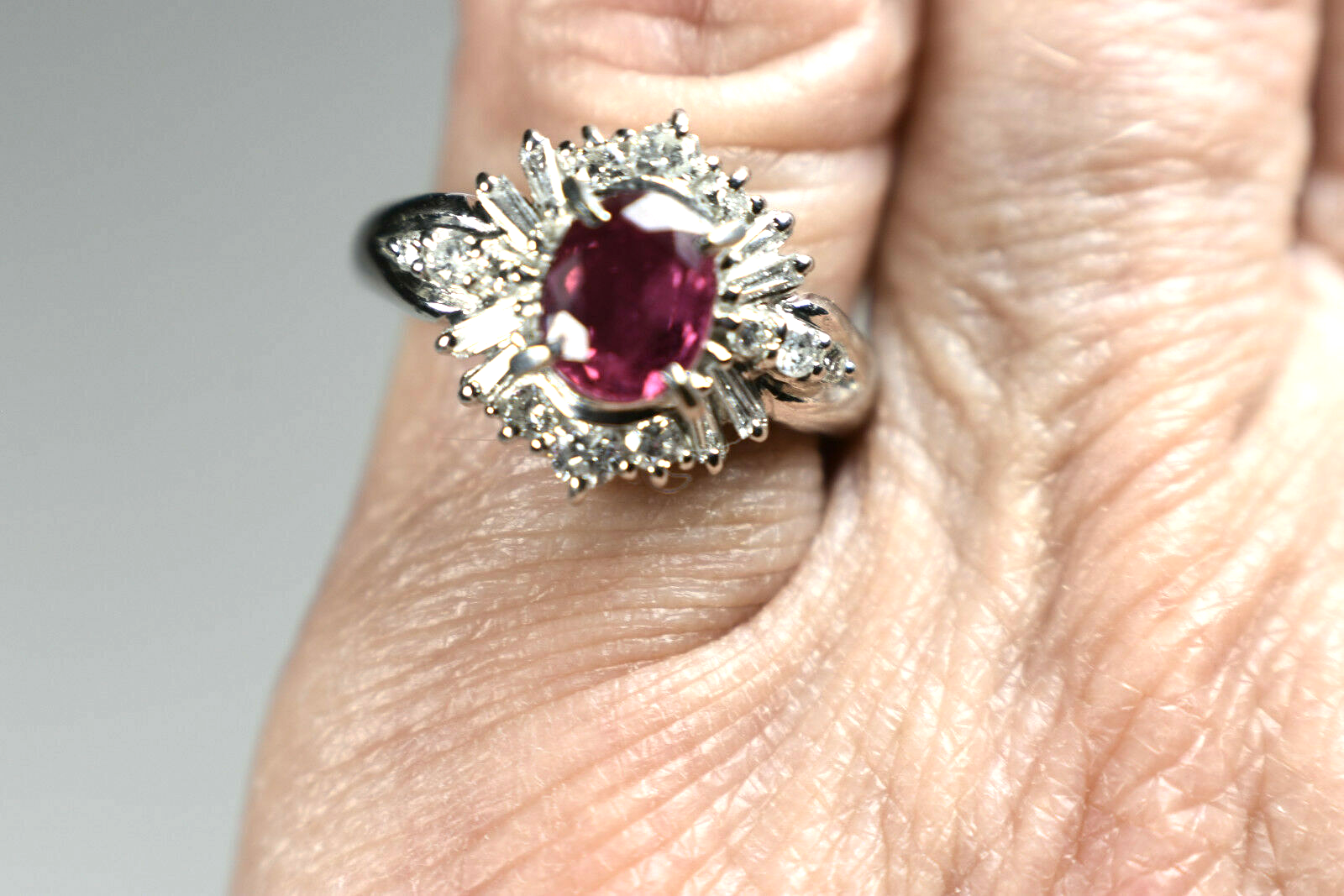 Platinum Pure Red Ruby & Baguette & Round Diamonds Halo Ring 1.40cts Sizable 5.5