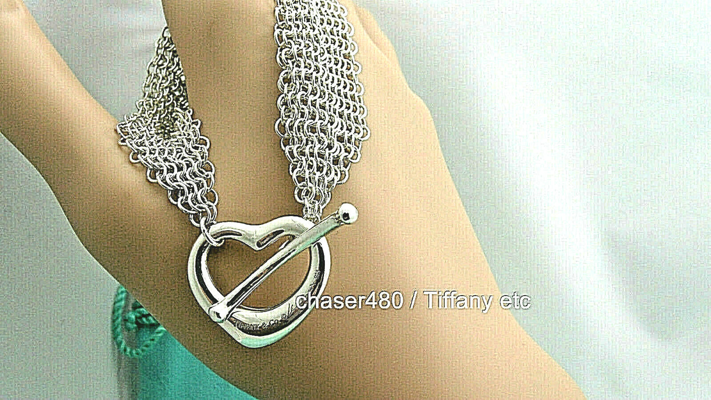 Tiffany & Co Silver Elsa Peretti Open Heart Mesh Toggle Bracelet Pouch & Box