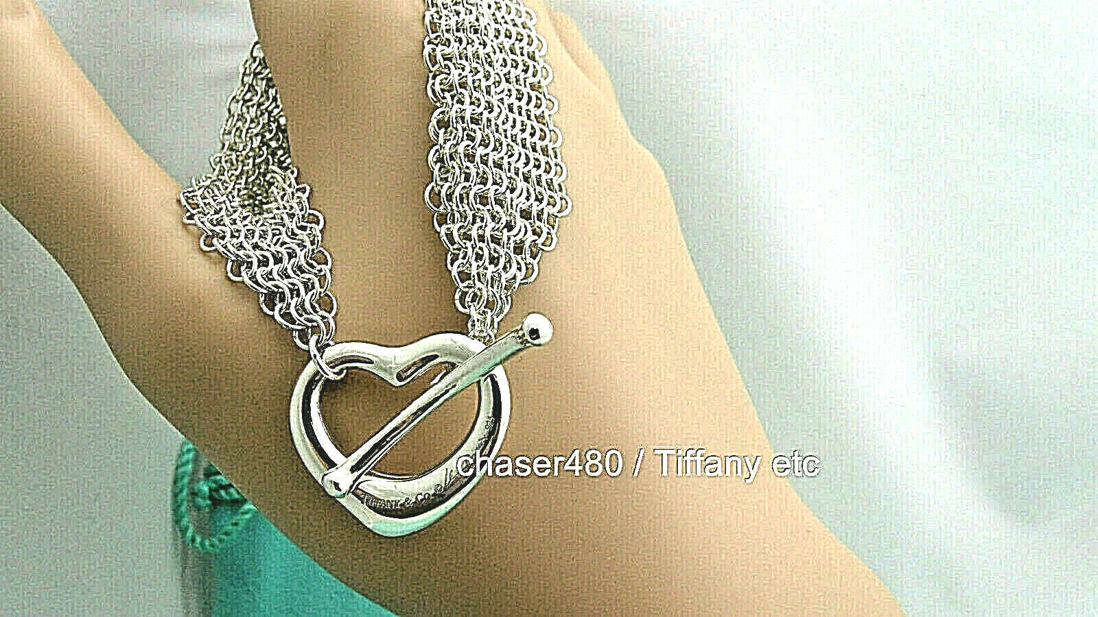 Tiffany & Co Silver Elsa Peretti Open Heart Mesh Toggle Bracelet Pouch & Box