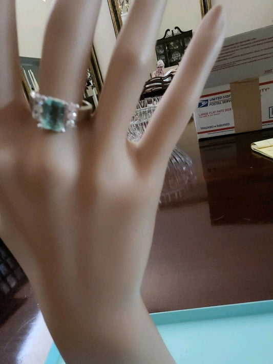 Emerald Cut Emerald & Diamond Engagement Ring / Statement Ring, WG 14K