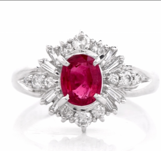 Platinum Pure Red Ruby & Baguette & Round Diamonds Halo Ring 1.40cts Sizable 5.5