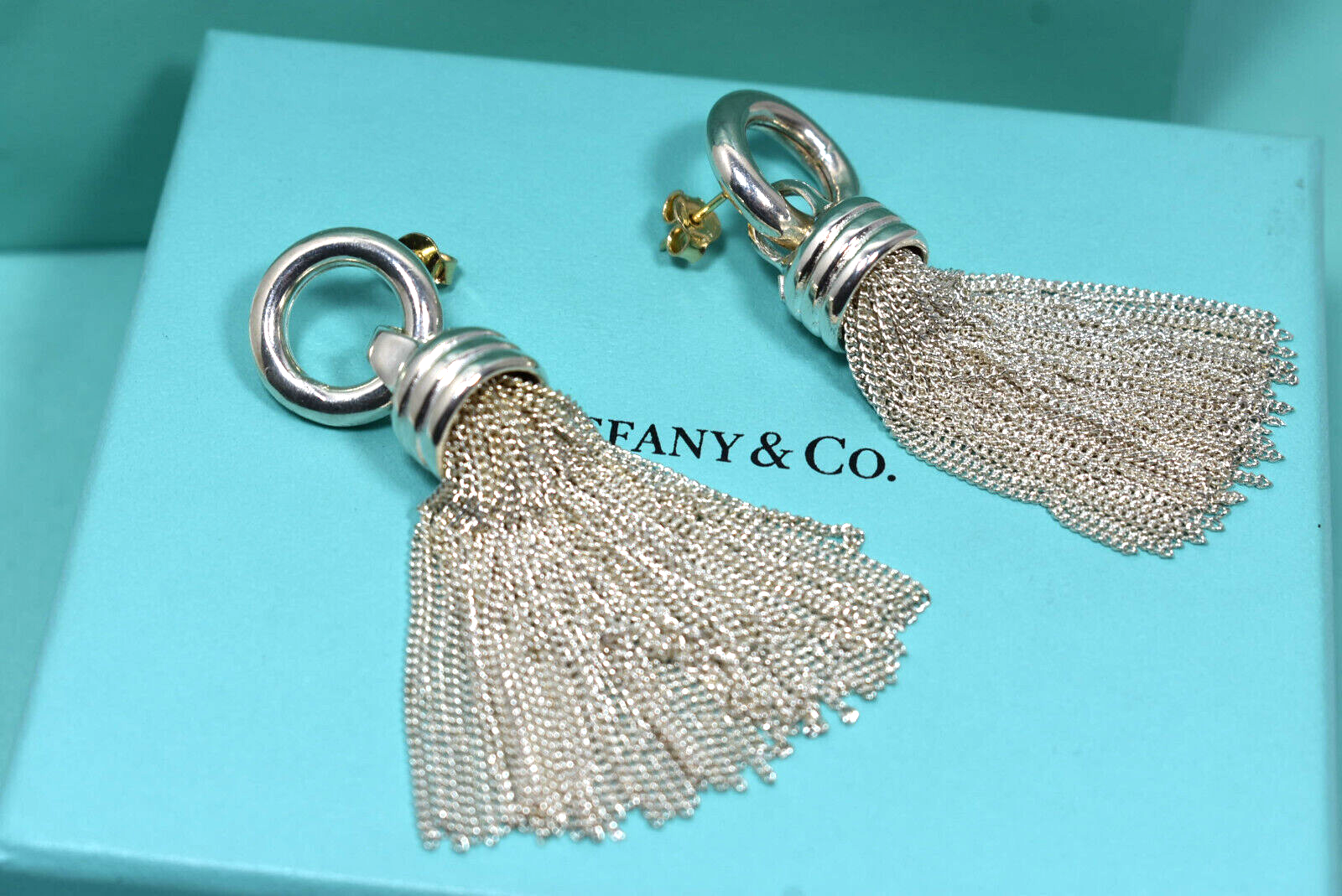 Tiffany & Co Tassel Earrings Silver 2" Dangle RARE Vintage 18K Backs & Posts Box