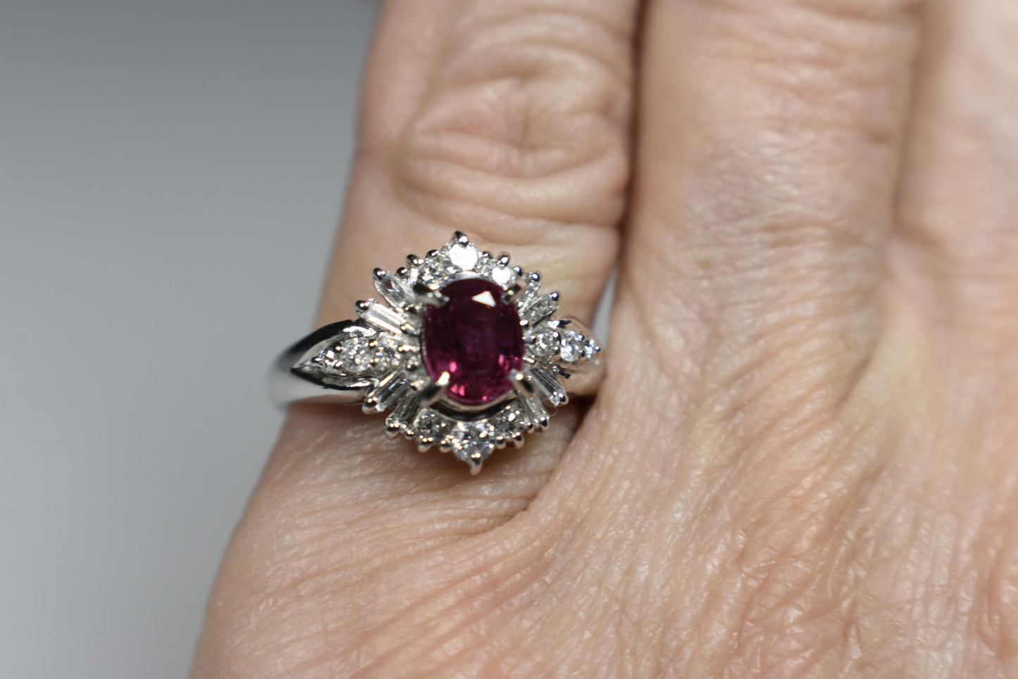 Platinum Ruby Cocktail Engagement Ring 1.30ct G-H Diamond Baguettes Sizable 5.5