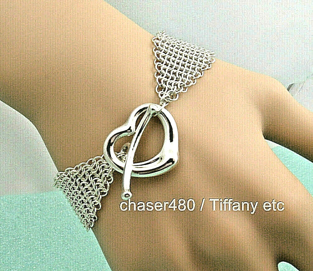 Tiffany & Co Silver Elsa Peretti Open Heart Mesh Toggle Bracelet Pouch & Box