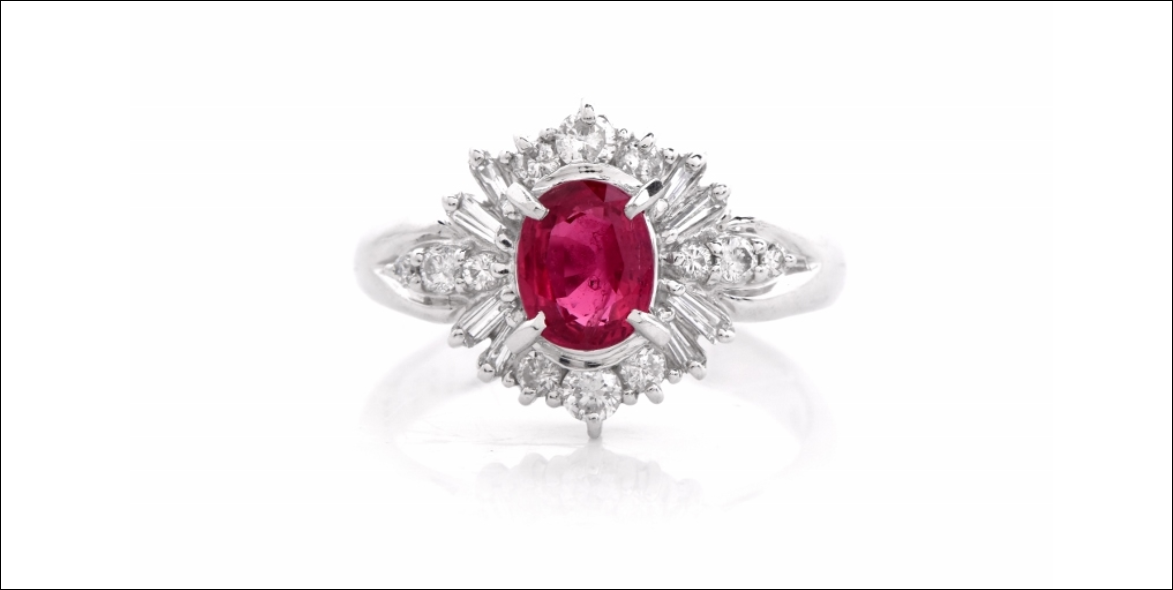 Platinum Ruby Cocktail Engagement Ring 1.30ct G-H Diamond Baguettes Sizable 5.5