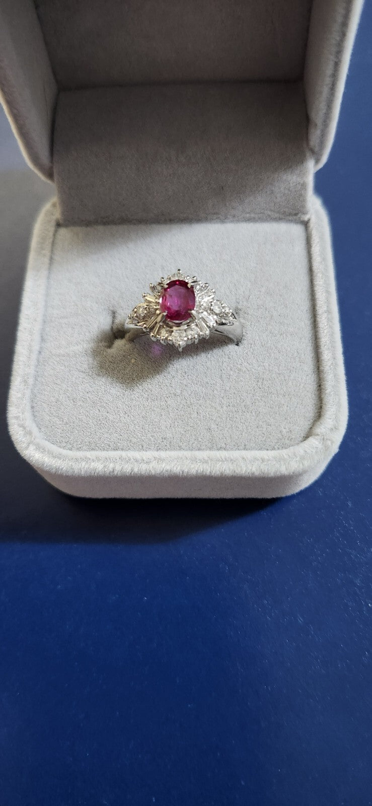 Platinum Ruby Cocktail Engagement Ring 1.30ct G-H Diamond Baguettes Sizable 5.5