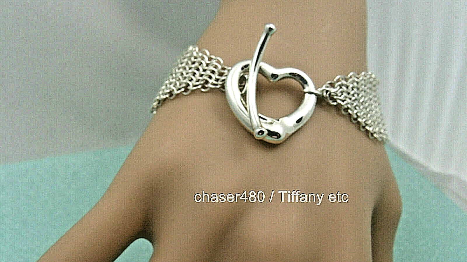 Tiffany & Co Silver Elsa Peretti Open Heart Mesh Toggle Bracelet Pouch & Box