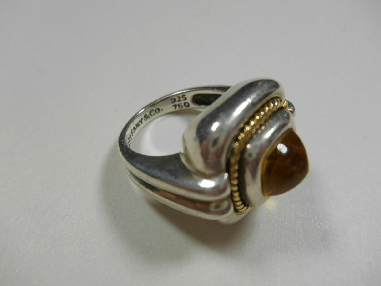 Tiffany &Co Sugarloaf Citrine Ring 18K 750 Yellow Gold & Sterling Silver Sz 3.75