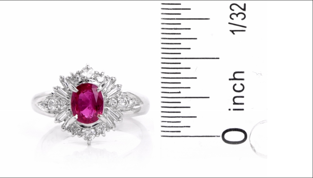 Platinum Pure Red Ruby & Baguette & Round Diamonds Halo Ring 1.40cts Sizable 5.5