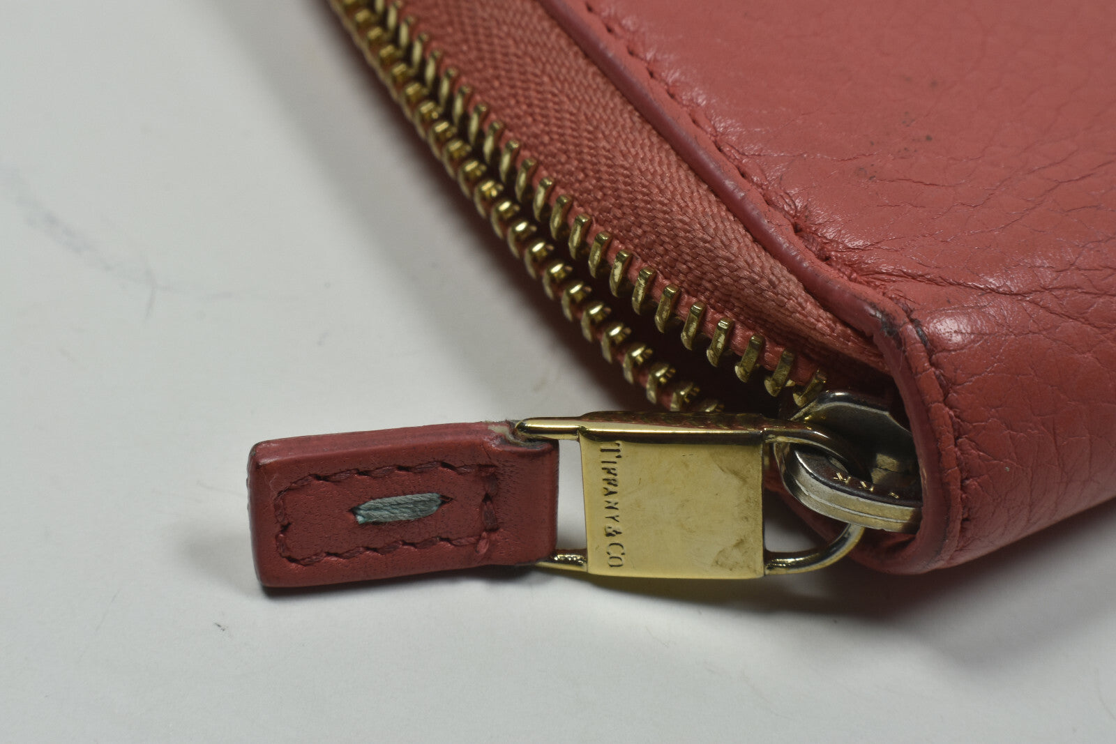 Tiffany & Co Orange Grain Leather Zip Around Wallet w/ Box & Ribbon Etc VGC