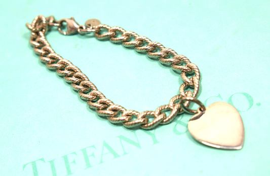 Tiffany &Co Textured Oval Double Link Heart Charm Bracelet Sterling Silver RARE