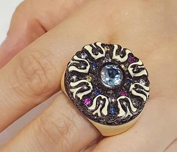 MCL Matthew Campbell Laurenza MultiColor Sapphires Enamel Retro Ring Silver 5.5