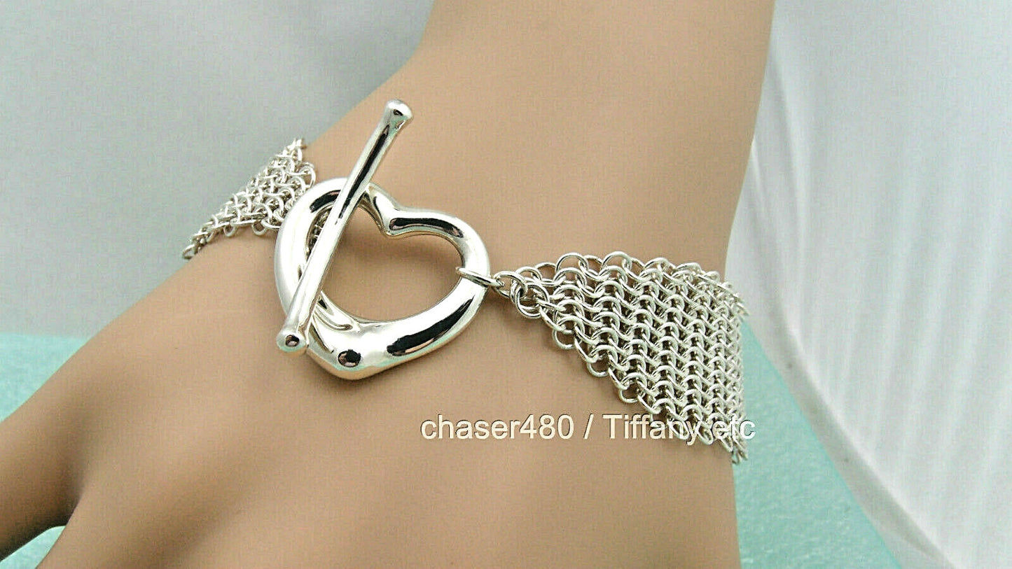 Tiffany & Co Silver Elsa Peretti Open Heart Mesh Toggle Bracelet Pouch & Box