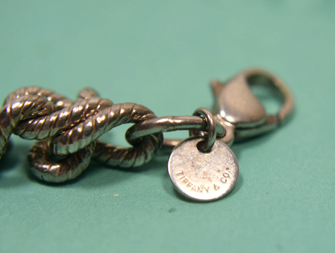 Tiffany &Co Textured Oval Double Link Heart Charm Bracelet Sterling Silver RARE