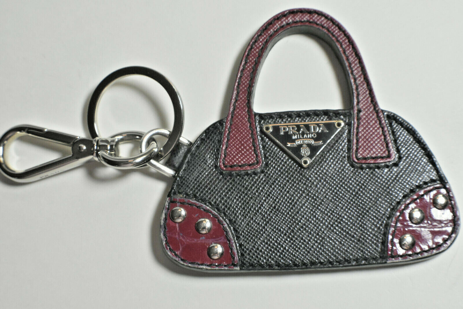 Prada HandBag Charm, Key Ring, Purse Fob. Leather & Silver, Never Used