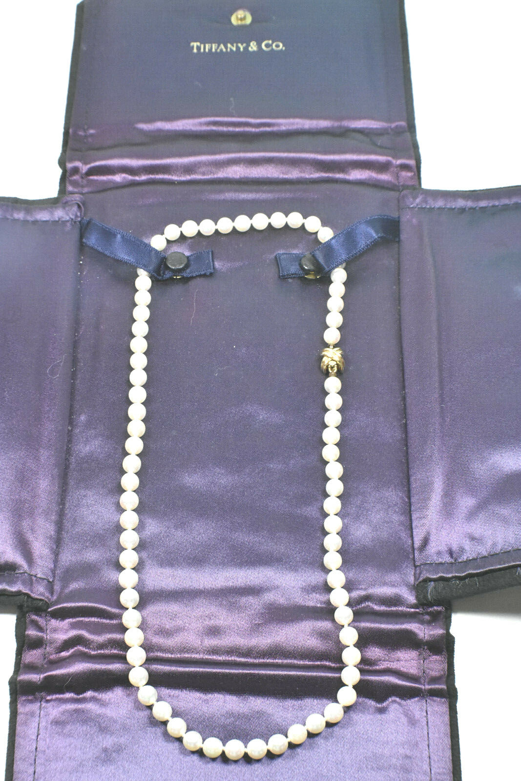 Tiffany & Co Akoya Pearl 18" Necklace 18K Yellow Gold Signature X & Gift Case