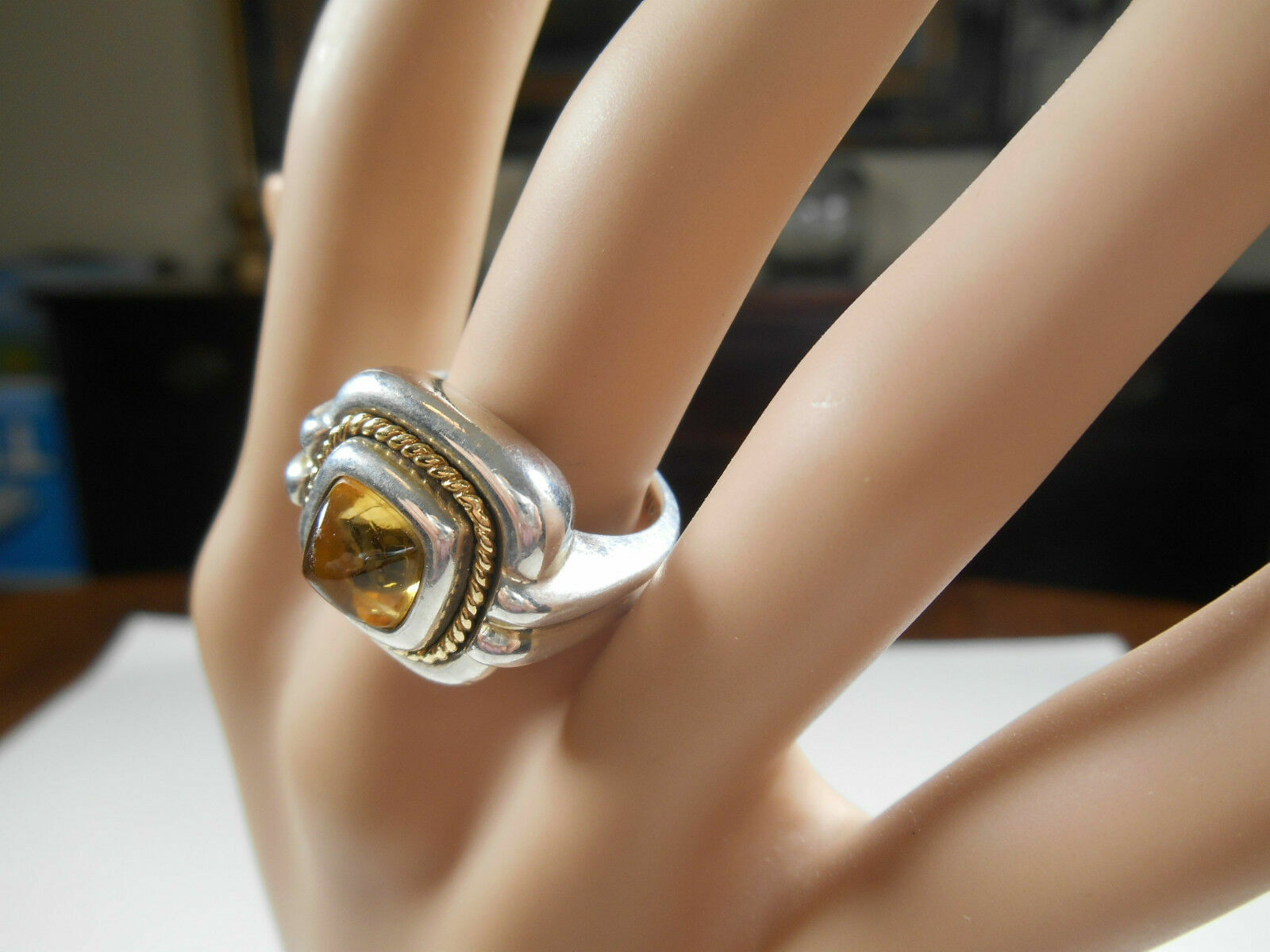 Tiffany &Co Sugarloaf Citrine Ring 18K 750 Yellow Gold & Sterling Silver Sz 3.75