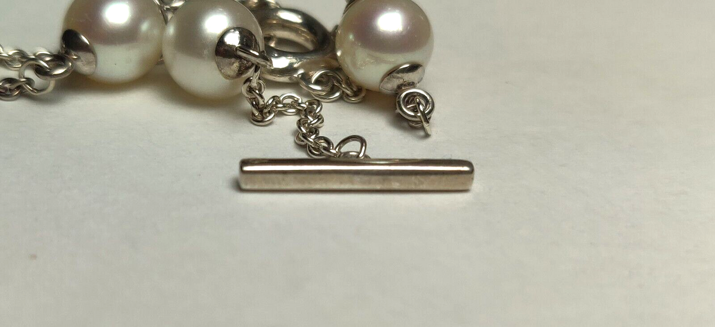 Vintage Tiffany &Co Akoya Pearls Cushion Toggle Silver Bracelet 7" Rare