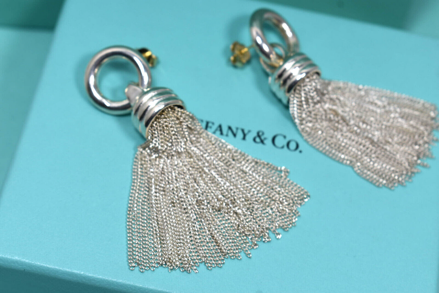 Tiffany & Co Tassel Earrings Silver 2" Dangle RARE Vintage 18K Backs & Posts Box