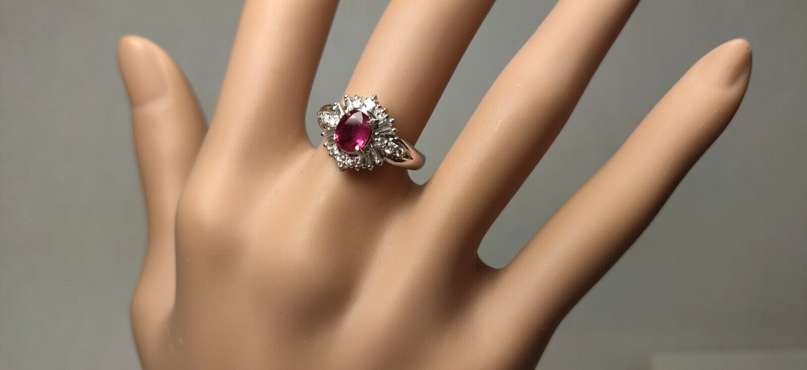 Platinum Ruby Cocktail Engagement Ring 1.30ct G-H Diamond Baguettes Sizable 5.5