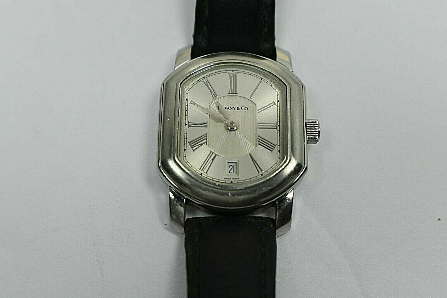 Tiffany & Co Atlas Mark Coupe Resonator Ladies Date Watch SS Guilloche