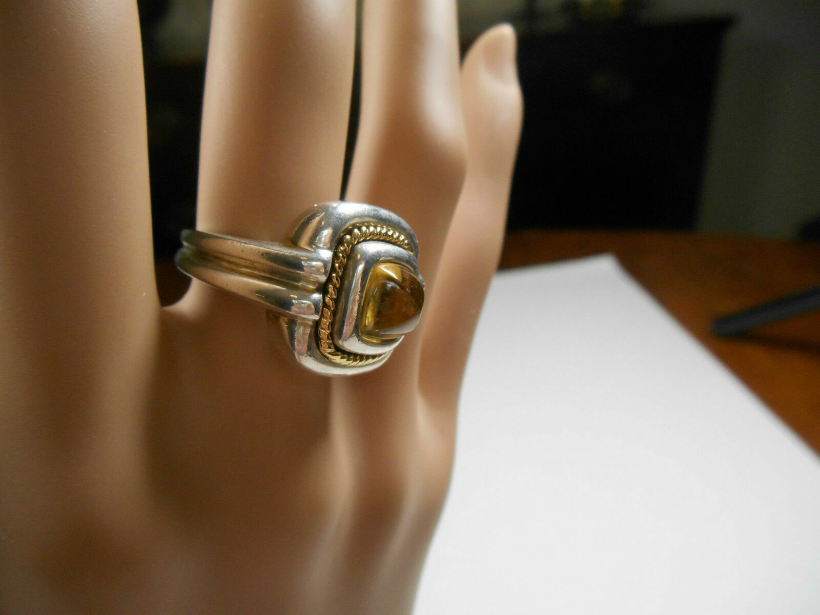 Tiffany &Co Sugarloaf Citrine Ring 18K 750 Yellow Gold & Sterling Silver Sz 3.75