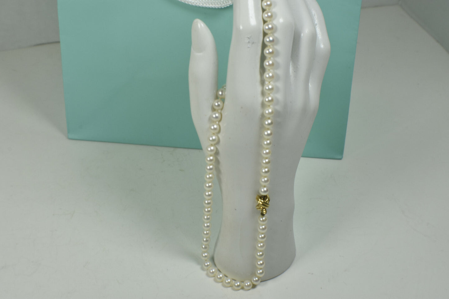 Tiffany & Co Akoya Pearl 18" Necklace 18K Yellow Gold Signature X & Gift Case