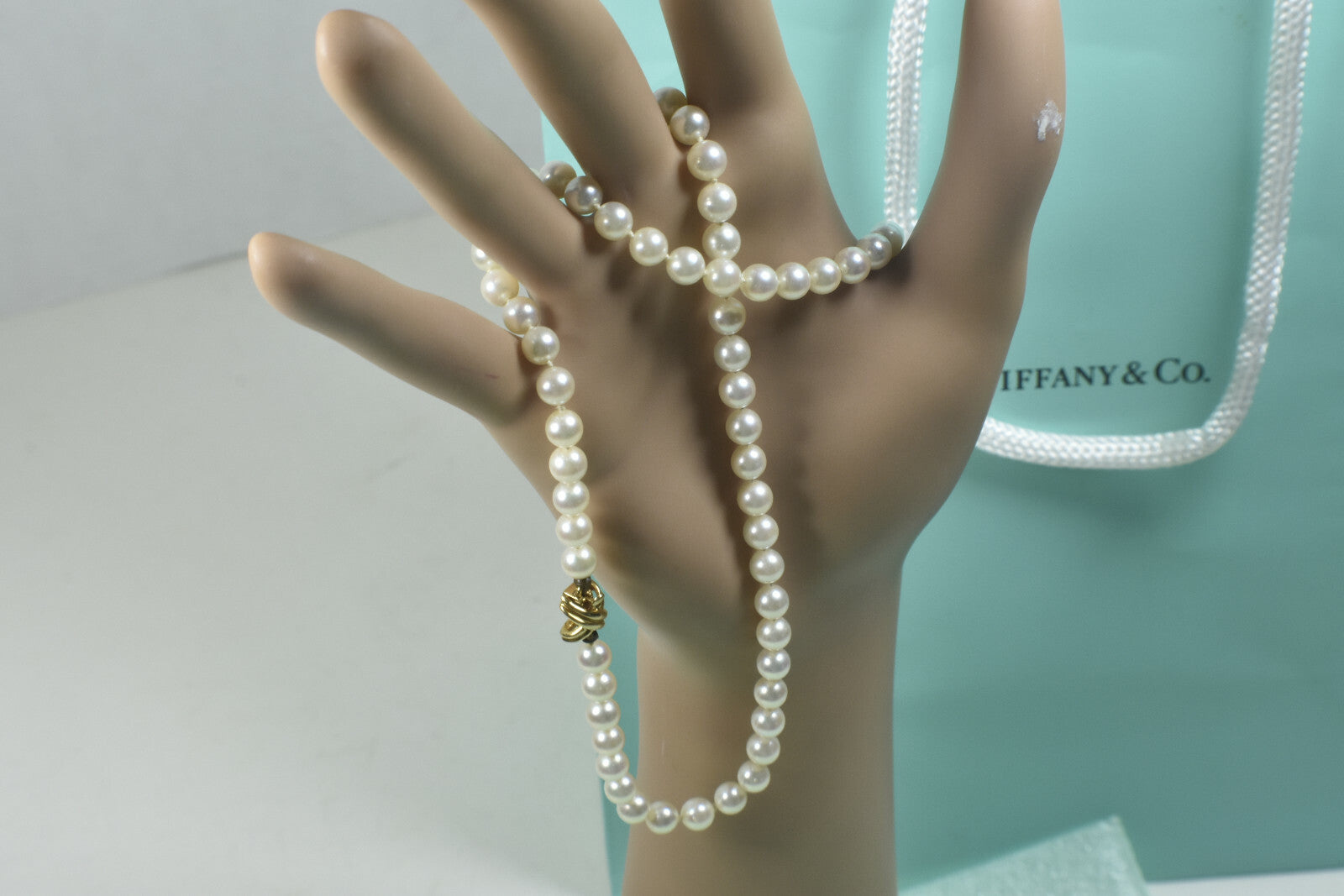 Tiffany & Co Akoya Pearl 18" Necklace 18K Yellow Gold Signature X & Gift Case
