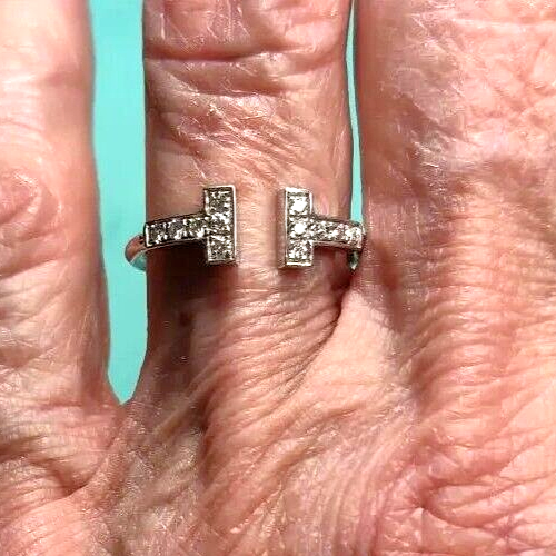 New Tiffany & Co Pave' Diamond T Wire  Ring  18K White Gold Size 5, Pouch & Box