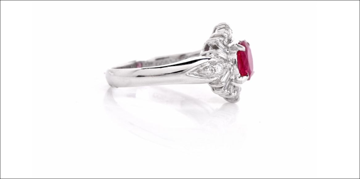 Platinum Ruby Cocktail Engagement Ring 1.30ct G-H Diamond Baguettes Sizable 5.5