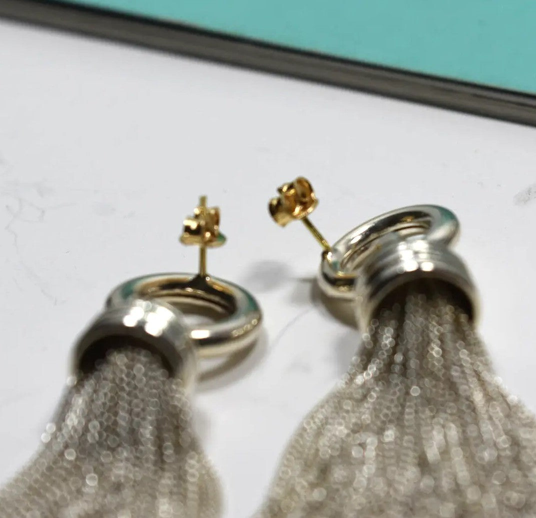 Tiffany & Co Tassel Earrings Silver 2" Dangle RARE Vintage 18K Backs & Posts Box